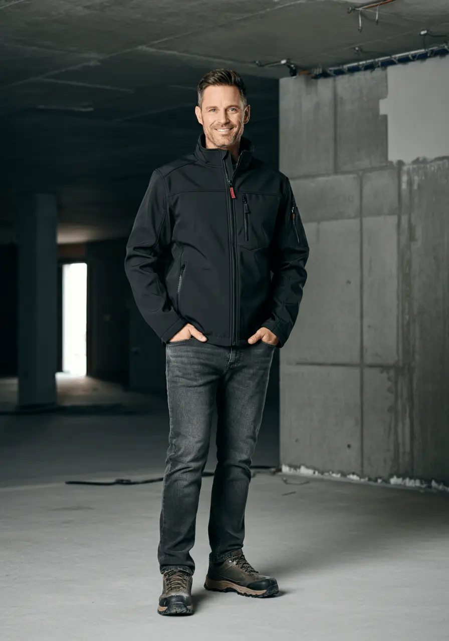 Herr trägt eine marine-schwarze Work Softshelljacke auf einer Baustelle